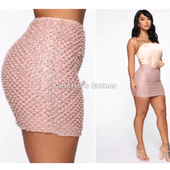 Fashion Nova | Skirts | Fashion Nova Pink Mesh Faux Pearl Beaded Gold  Sequence Mini Skirt | Poshmark